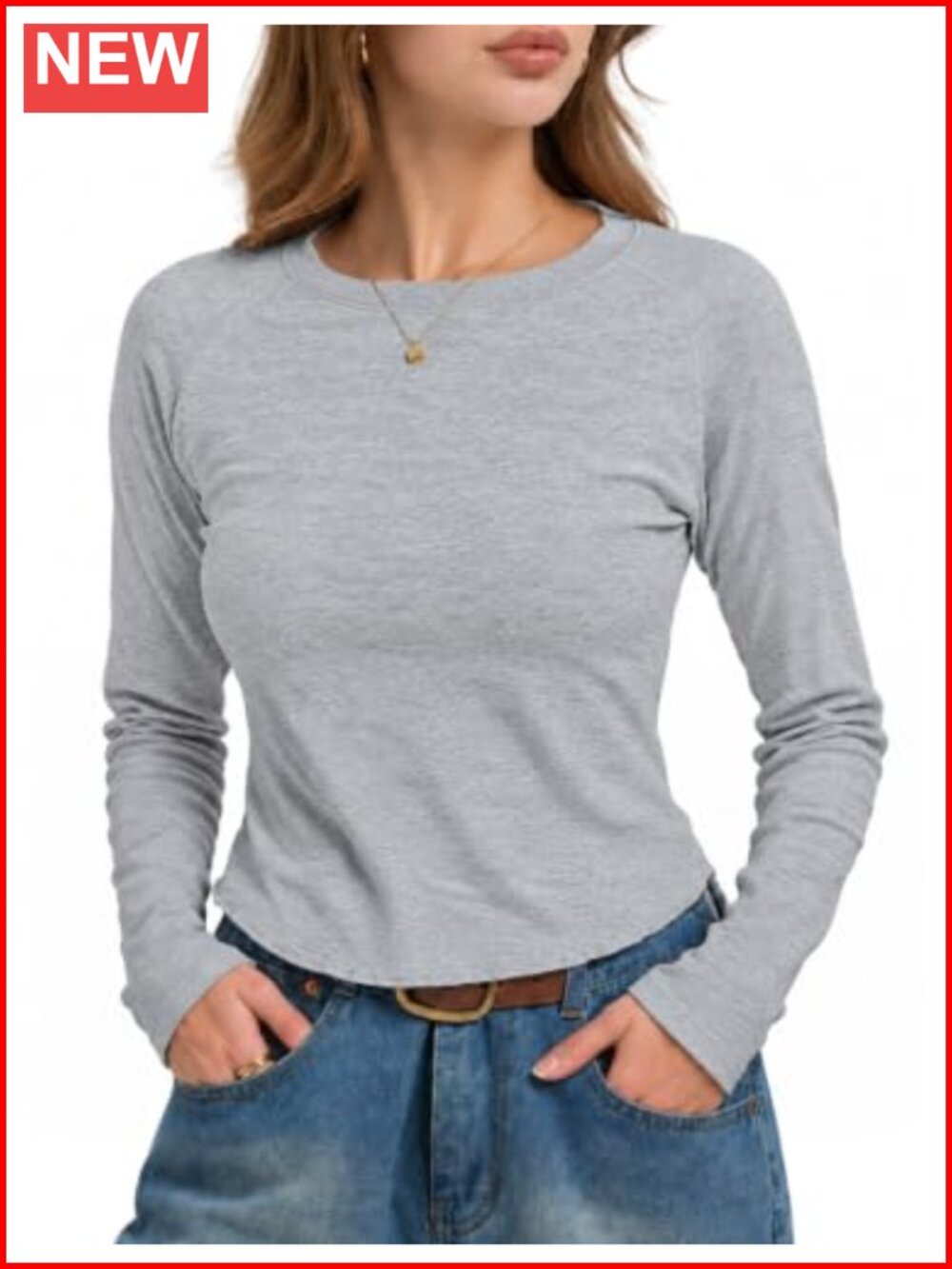 Women's Long Sleeve Fitted Baby Tee Cotton Blend Crew Neck Lettuce Hem